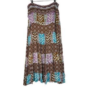 Haven Bleu Size: L Ikat Tie Dye Mixed Print Beaded Boho Maxi Skirt